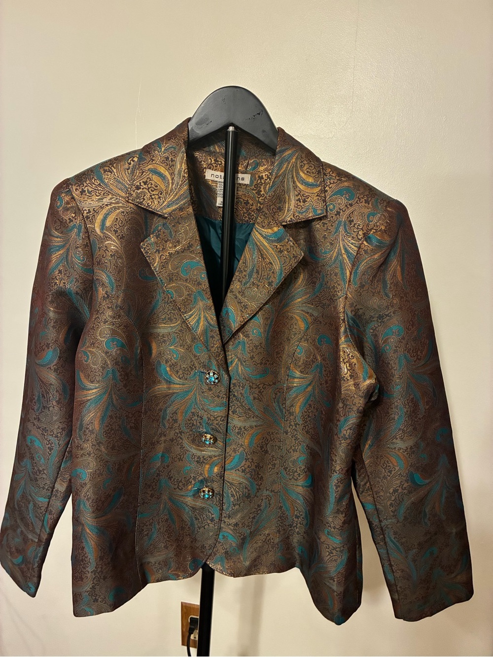 Notations Metallic Paisley Brocade Blazer Jacket Teal Bronze Jewel Buttons large